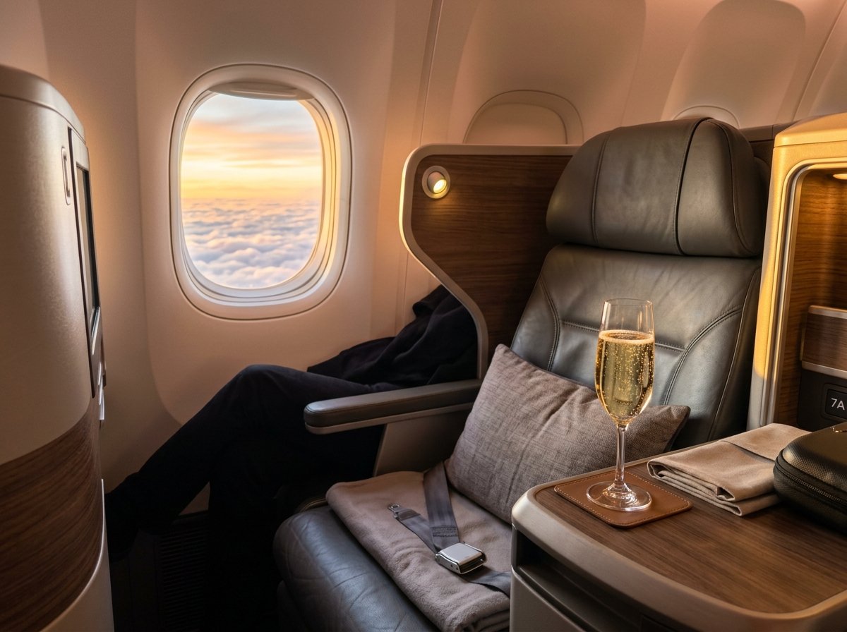 Business class luxury seat with champagne